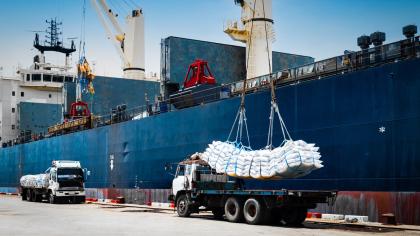 Ship crane lifting cargo at port.