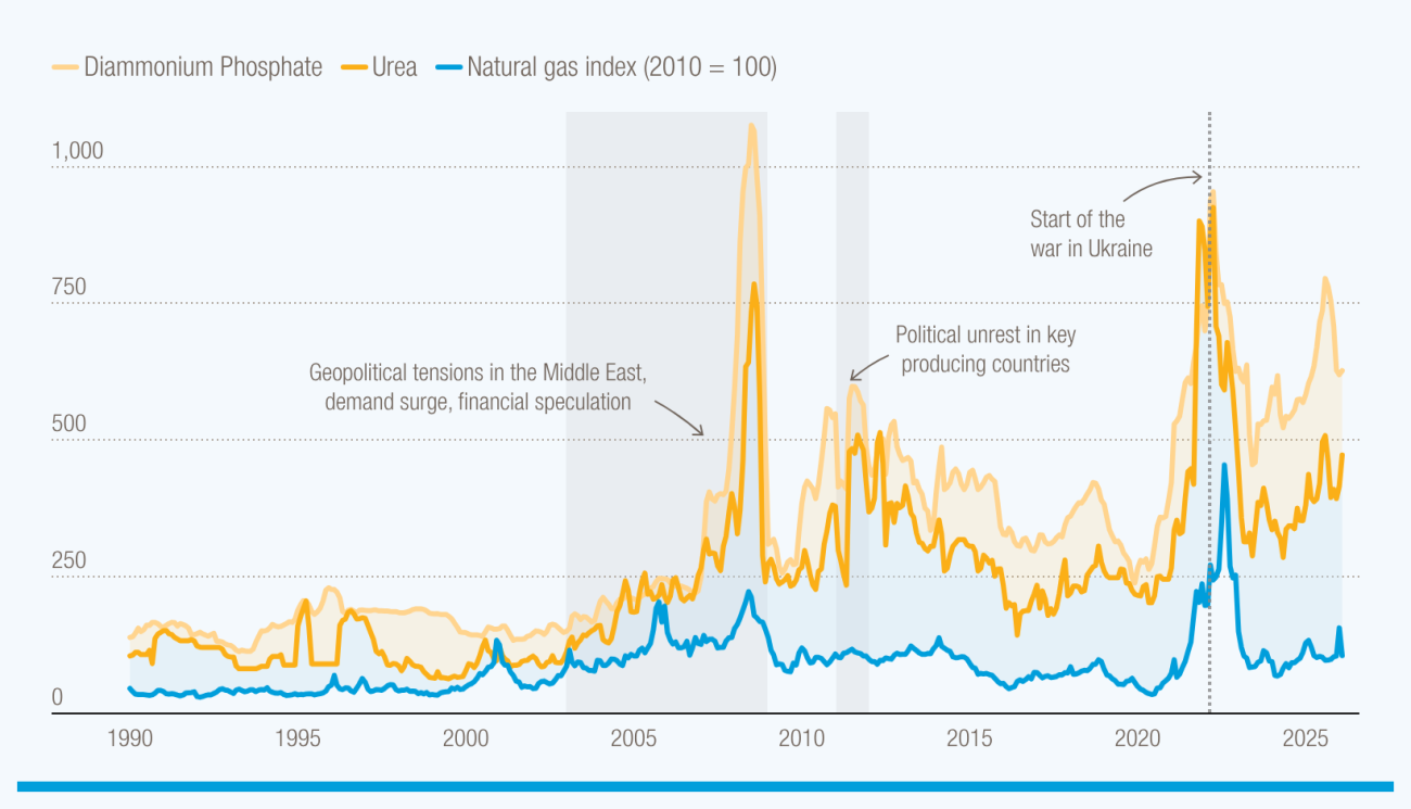 Line graph showing that when gas prices go up, fertilizer prices often go up